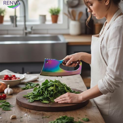 Image of RENVA Premium Carbon Stainless Steel Chef Knife Set with Wooden Handle,Kitchen Knife for Meat,Vegetable,Fruits and More(21x9cm). (Rainbow, Knife)