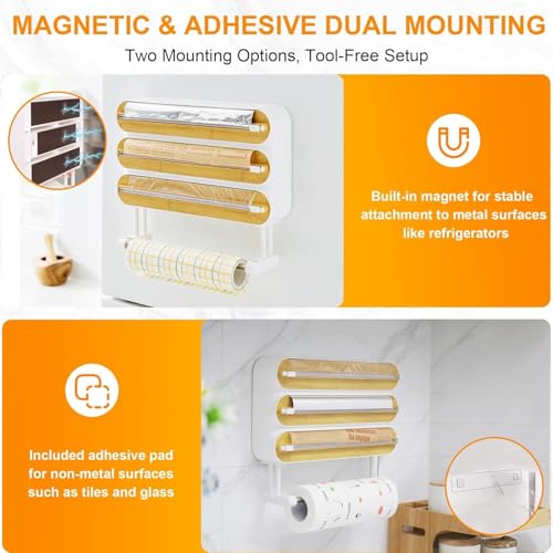 Image of DOCAT Foil Paper Cutter and Holder, 3 in 1 Magnetic Aluminum Foil and Plastic Wrap Organizer with Paper Towel Holder, Compatible with Cling Film, Tin Foil and Wax Paper (4 in 1 Wooden)