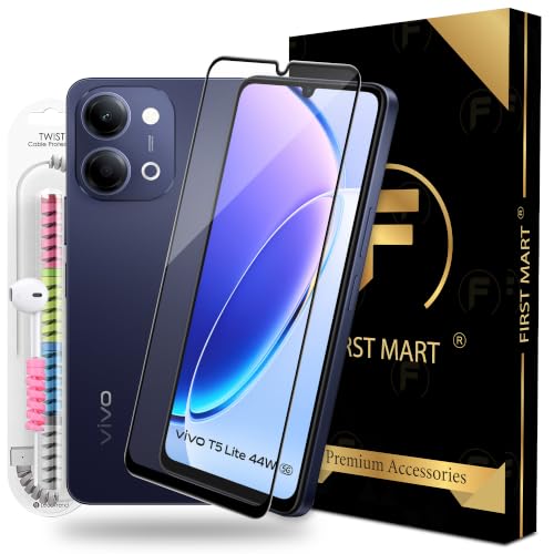 Image of FIRST MART Tempered Glass for Vivo T5 Lite, 9H 0.3 mm Full-Glue Screen Protector with Cable Protector, 3D Edge-to-Edge, HD Clear, Case-Friendly, Black, Pack of 1