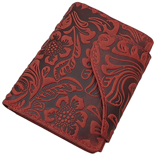 myledershop Vollrindleder Damen Hochformat Geldbörse/Geldbeutel/Portemonnaie mit Außenriegel mit Lianen Prägung oder ohne Prägung und RFID & NFC Schutz inkl. Nähset (Mit Lianen Prägung/Kirschrot)