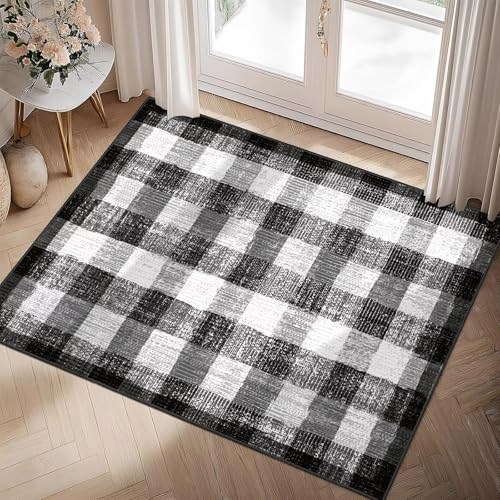 Image of Checkered Area Rug, 2x3, Black and White | Washable, Non Slip, Modern Neutral, For Living Room Bedroom Office Patio Dining Room