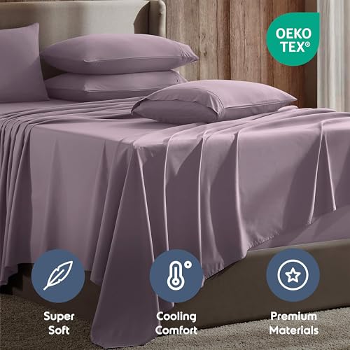 Image of Nestl Extra Deep Cal King Sheet Set - 6 Piece Breathable & Cooling Sheets - Hotel Luxury Bedding Set w /18-24 Inch Deep Pockets - Easy & Secure Fit - Super Soft, Wrinkle Free & Comfy - Dusty Purple