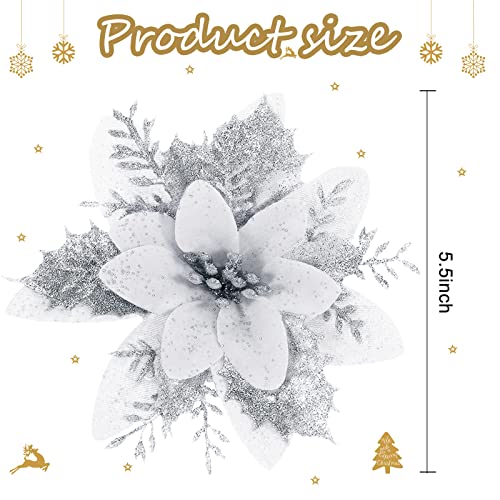 24 Pieces Christmas Glitter Poinsettia Flowers 5.5 Inch Artificial Christmas Flowers Xmas Artificial Glitter Flowers For Christmas Tree Ornament Party Decorations Wreath Garlands (Silver) #TOP1