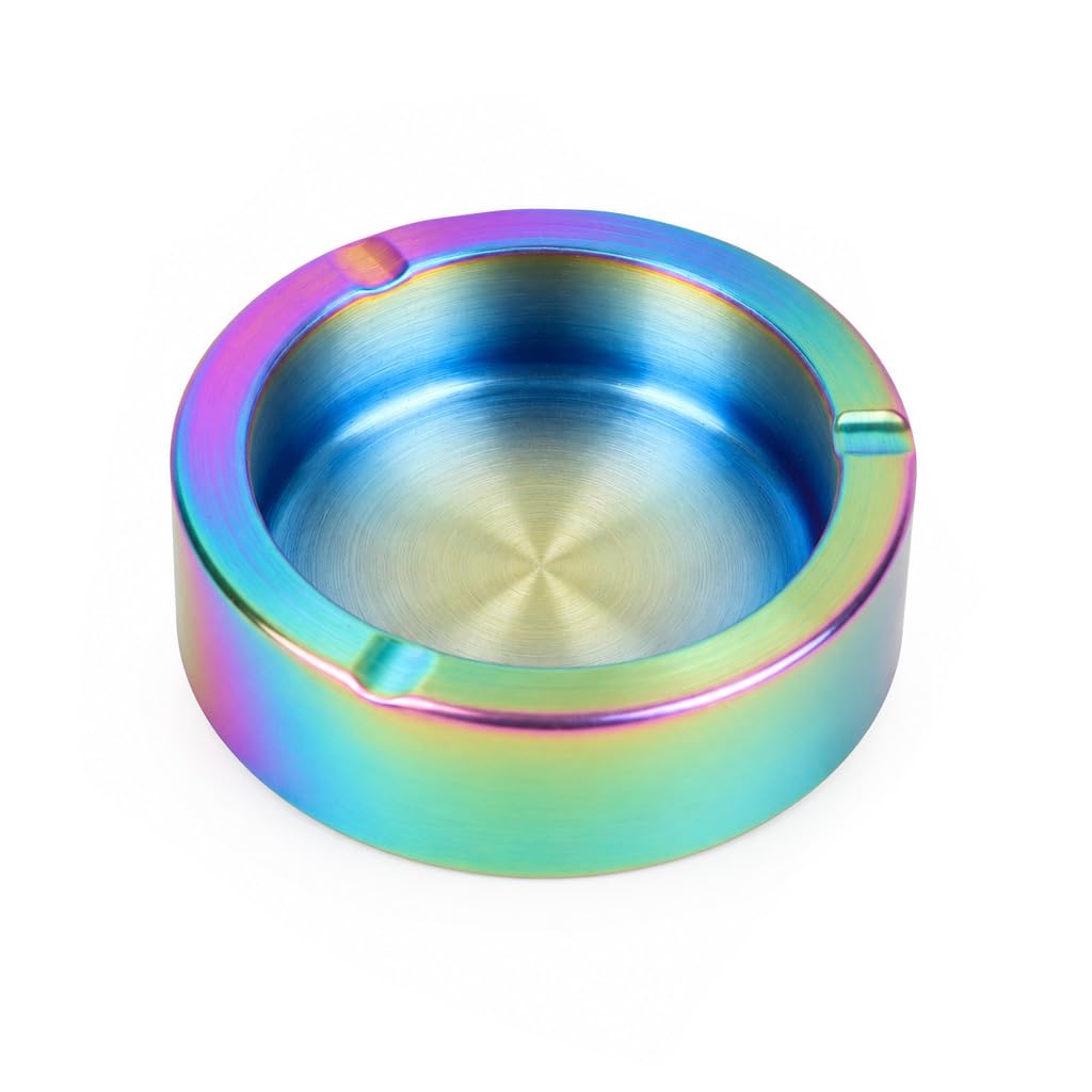 HASTHIP® Stainless Steel Ashtray with Cigarette Holder Slots, 11.5cm Dia Rainbow Iridescent Deep Basin Smoking Ash Tray Windproof Metal Ashtray for Home, Office, Patio, Bar & Outdoor Smoking-image-1