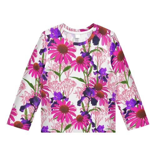 Echinacea Iris Floral White Rash Guard Shirt for Boys Sun Protection Shirt for Kids Toddler UPF50+ 5-6T