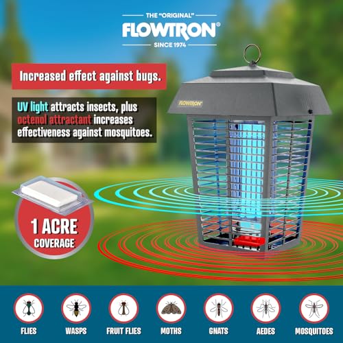 Image of Flowtron Bug Zapper, 1 Acre Outdoor, 40W UV Bulb, 5600V Zap Grid, Grey | Protects yards, patios, and farms - octenol lure attracts and helps eliminate mosquitoes, flies, and gnats - ETL certified