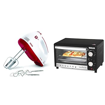 Inalsa Hand Mixer Easy Mix | Powerful 250 Watt Motor (White/Red) & Inalsa MasterChef 10BK Oven Toaster Gr