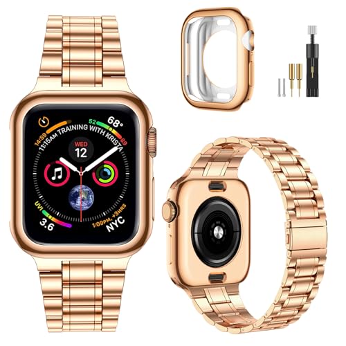 Image of MioHHR Solid Stainless Steel Band Compatible with Apple Watch 42mm (Series 11 10), Metal Strap with Soft TPU Case for iWatch Series 11 /10 42mm Women and Men, Rose Gold