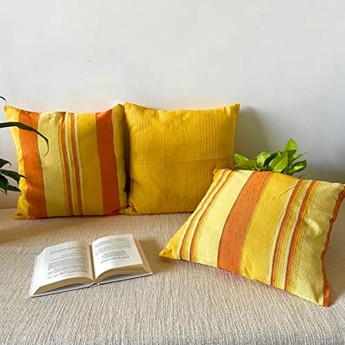 Image of RANGBHAR Handloom Cushion Covers with Concealed Top Zip, Set of 3, Striped, 16 x 16 inch, Yellow
