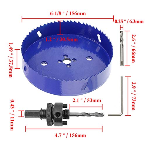 Image of 6-1 /8 Inch Hole Saw with Arbor, 1.2 Inch Cutting Depth | Heavy Duty, HSS Bi-Metal, For Wood Cornhole Boards Plastic Drywall & Thin Metal, Smoothly Cutting
