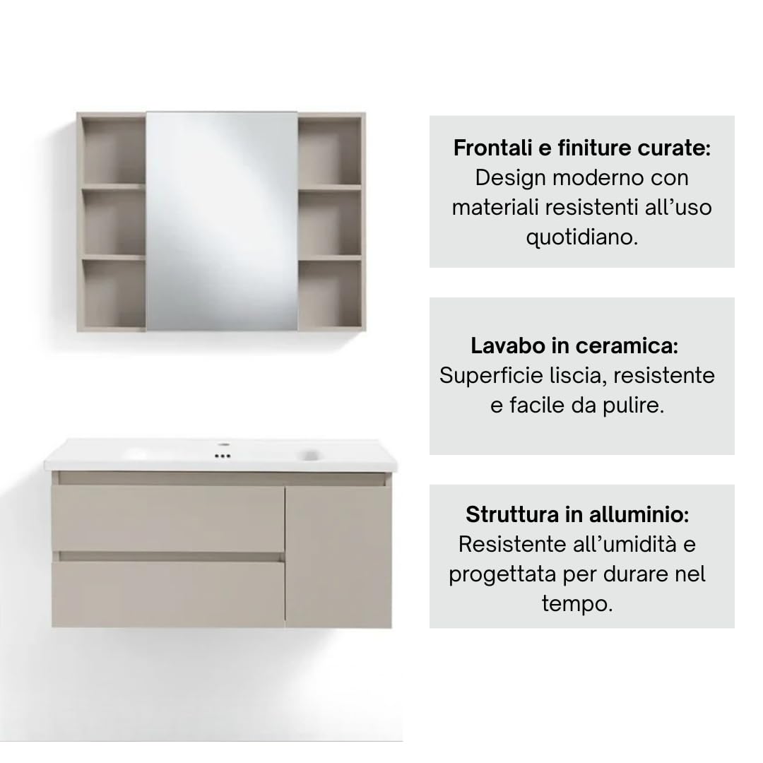 FUTURE HOME Mobile Bagno Sospeso 100 cm in ALLUMINIO – Non si gonfia con l’umidità – Lavabo in Ceramica + Specchio Contenitore – Design Moderno Salvaspazio