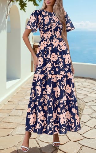 Image of PRETTYGARDEN Women's 2026 Summer Casual Flutter Short Sleeve Boho Floral Maxi Dress Crew Neck Smocked Tiered Long Dresses