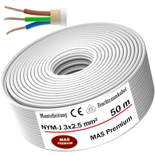 MAS Premium Cavo di alimentazione per ambienti umidi, 5-200 m, NYM-J 3 x 1, 5, 2,5, 4, 6 o 10, cavo elettrico ad anello per posa fissa (NYM-J 3 x 2, 5 mm², 50 m)