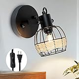 DLLT Rustic Cage Wall Spotlight Fixture, Adjustable Heads Wall Sconce, Wall Lamp with Plug in Cord and On/Off Switch E12 Base for Bedroom Bathroom Kitchen Stair Lighting