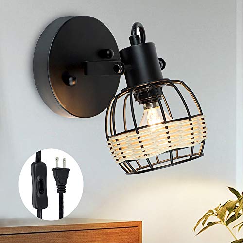 DLLT Rustic Cage Wall Spotlight Fixture, Adjustable Heads Wall Sconce, Wall Lamp with Plug in Cord and On/Off Switch E12 Base for Bedroom Bathroom Kitchen Stair Lighting