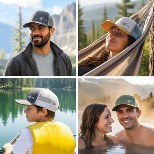 Image of LINDO Trucker Hat [ Great Outdoors Design ] for Men and Women: Mid Profile Cap with Breathable Mesh Back and Adjustable Snap