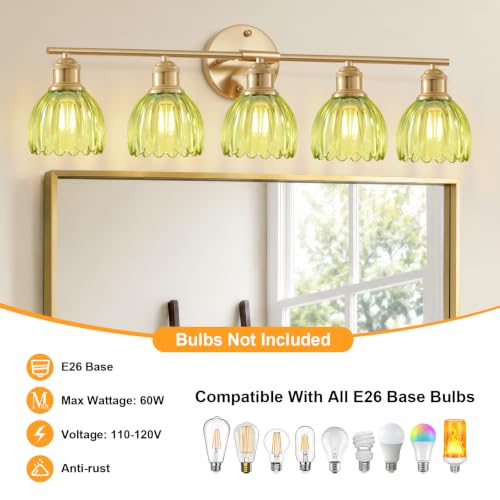 Image of Bathroom Light Fixtures, 5-Light Brushed Gold Vanity Lights for Bathroom with Green Tulip Glass Shade, 30 inch Vintage Bathroom Vanity Lighting Fixtures Over Mirror for Bedroom Living Room Hallway