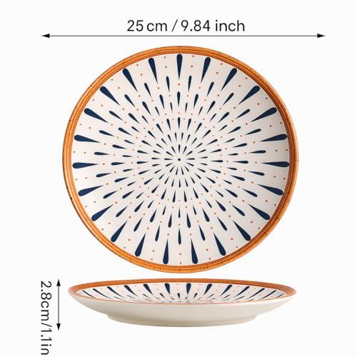 Image of Lellow Ceramic Dinner Plate Set of 6 | Droplet Pattern with Orange Rim | Microwave Safe | Dishwasher Safe | Food Grade Glazed Ceramic | Modern Dining Plates for Daily Use