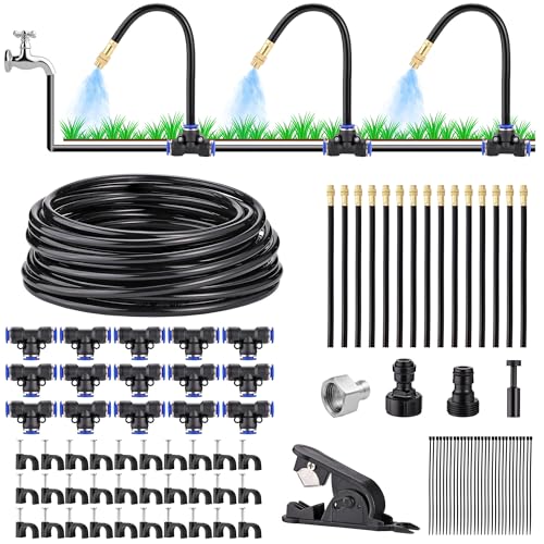 Bewässerungssystem 15m Nebelleitung, 15 verstellbaren Sprühdüsen, 3/4" & 1/2" Adapter，Outdoor Nebelkühlsystem für Garten Terrasse Balkon
