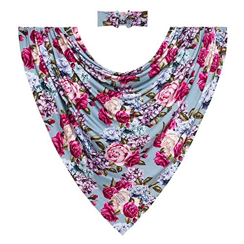 Image of Posh Peanut Swaddle Blanket & Headband Set - Viscose from Bamboo Stretchy Baby Swaddle for Newborn Girls, Receiving Blanket or Nursing Cover (Lacey)