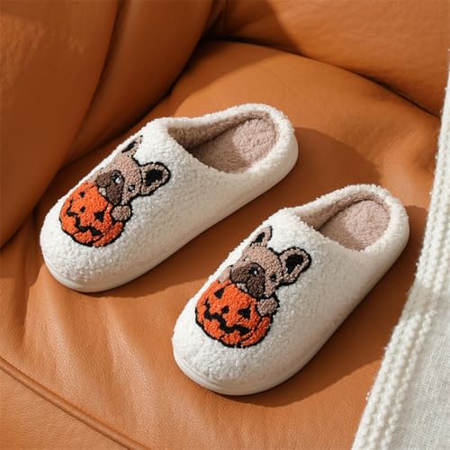 Halloween Slippers for Women,Women's Retro Memory Foam Cute Cartoon Plush Fluffy Warm Fur Lined slippers Indoor House Home Winter Shoes4