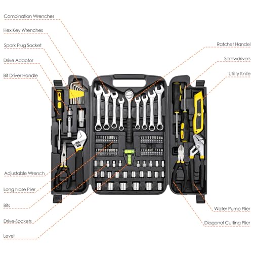 Image of TLGREEN 95-Piece Mechanic Tool Set with Storage Case, Yellow | Car Tool Kit And Wrench Tool Set with Pliers, Sockets And Bits; Organized Case for Household Maintenance And Garage Repairs