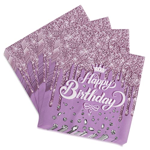 Serviettes de Table Joyeux Anniversaire, 40Pcs Serviettes d'anniversaire Diamant Rose, Serviettes en Papier de Table d'anniversaire, pour Les Décorations de Fête d'anniversaire de Fille (Violet)