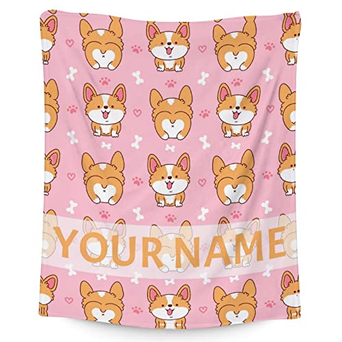 Personalized Corgi Blanket Gifts with Name - 40"x50" Cute Throw for Adults, Kids - Pink Soft Fuzzy Blankets for Bed, Couch & Living Room