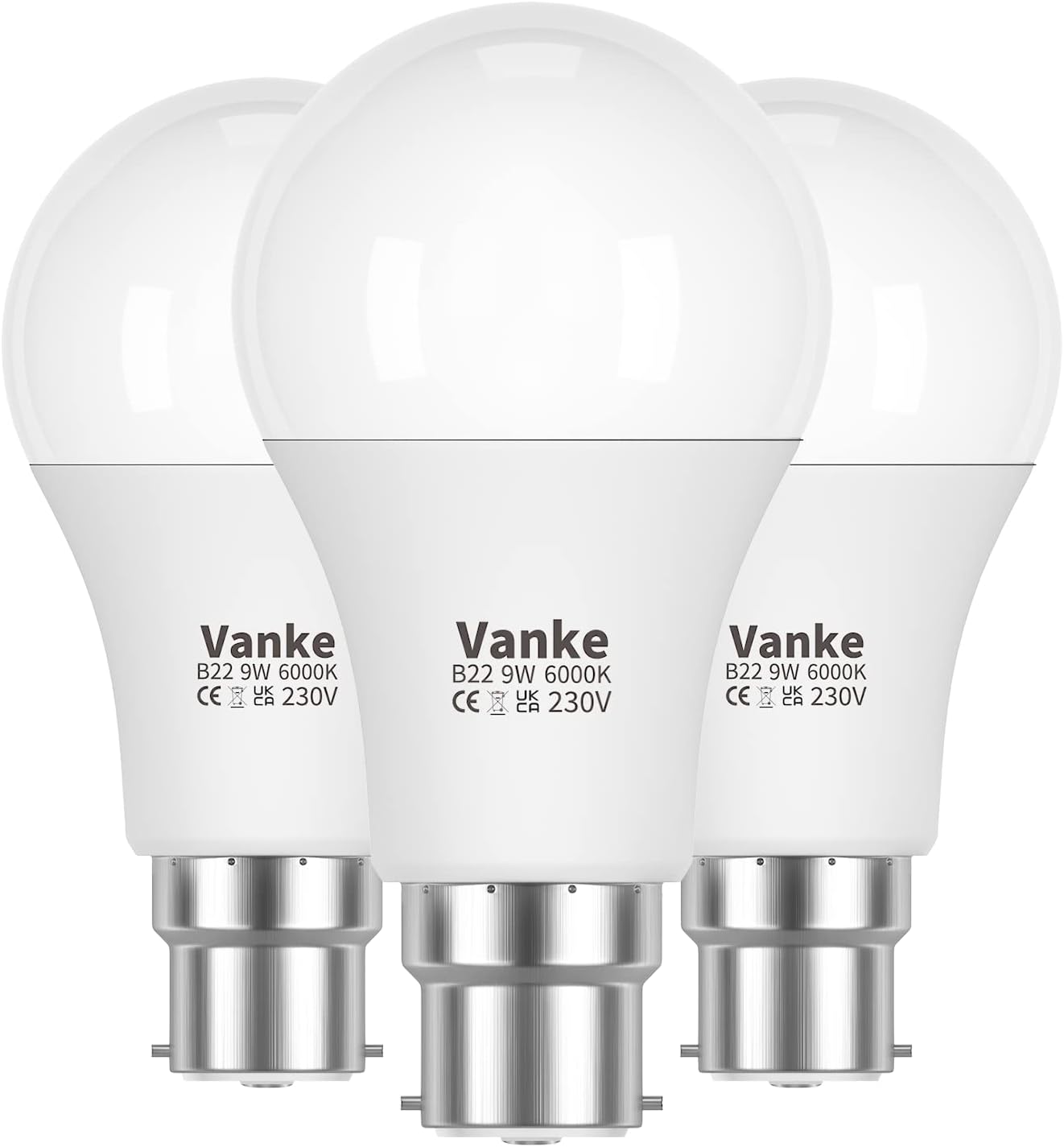 Vanke Bayonet Light Bulb 60w Equivalent, Cool White 6000K, 9w Energy Saver Bulb, 806 Lumen B22 LED Bulbs, Non-Dimmable,Pack of 3