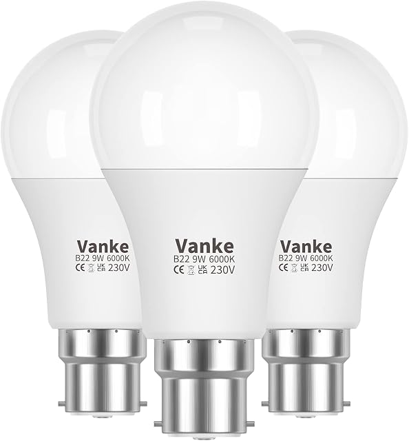 Vanke 60w Bayonet Light Bulb, B22 LED Bulbs Cool White 6000K, 9w Energy Saver Bulb, 806 Lumen, Non-Dimmable, 3-Pack