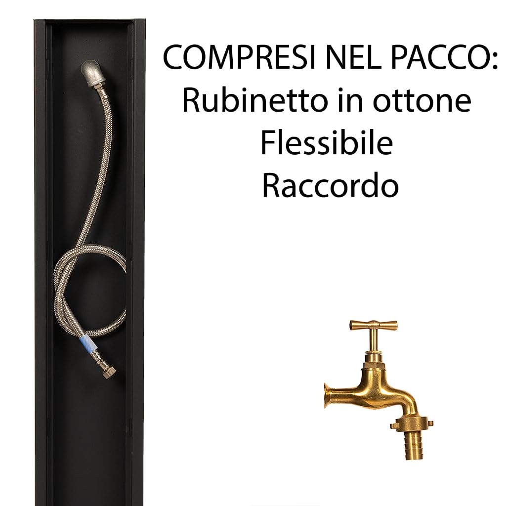 Fontana a Colonna da Giardino Bianca, Colonna Acqua da Esterno in Lega di Acciaio Verniciata, H 95 cm, Rubinetto in Ottone con Tubo Flessibile, Raccordo e Portatubo, Made in Italy