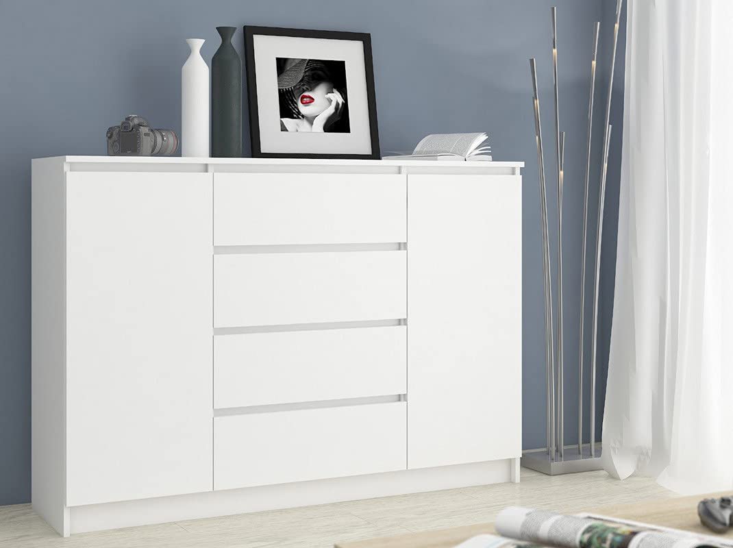 AKORD Cassettiera K 160 cm | 4 Cassetti e 2 Ante | Moderna Mobiletto per il soggiorno Camera da letto Armadio Soggiorno Bagno | Salvaspazio | Bianco