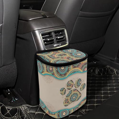 Image of Talayituse Boho Mandala Print Car Trash Can, Dog Paw Design Portable Auto Garbage Bin Multifunctional Vehicle Interior Accessories with Adjustable Straps Universal Fit Truck SUV Sedan