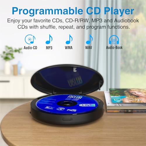 Image of MEGATEK CP27BR Portable CD Player Bluetooth for Car with FM Transmitter, USB, AUX, LCD Display, Anti-Skip, Stereo Speakers, Headphones & Rechargeable Battery - Black