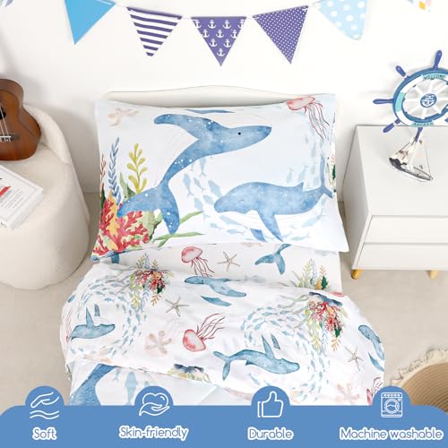 Image of 4 Piece Toddler Bedding Set, Ultra Soft and Breathable Toddler Comforter Sets for Boys & Girls, Crib Bedding Set Includes Quilted Comforter, Fitted Sheet, Flat Sheet and Pillowcase, Blue Ocean
