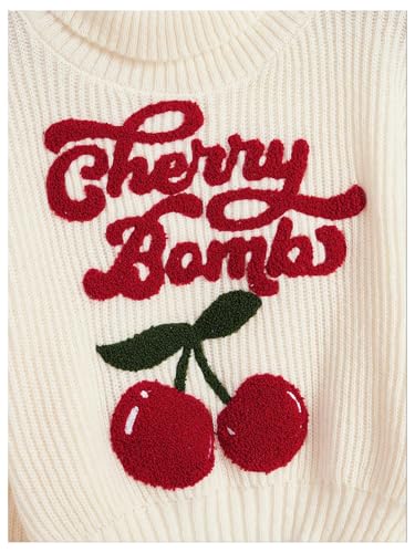 Women's Cherry Embroidered Turtleneck Sweaters Long Sleeve Knit Pullover Tops Knitwear3