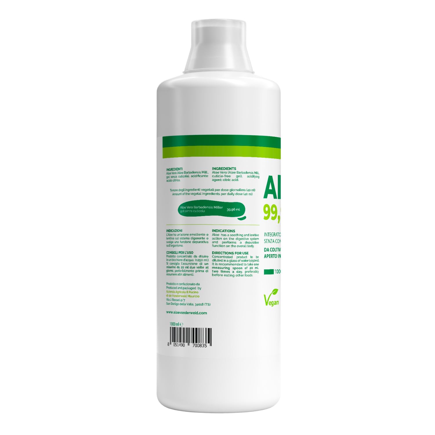 Vonderweid - Puro Succo di Aloe Vera Italiana Biologica | Integratore Alimentare Depurativo Digestivo Lenitivo e Nutriente con Aloe Vera da Bere | Non Filtrato | Made in Italy | 1000 mL