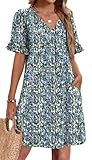 OFEEFAN Spring Dresses for Women Flowy V Neck Short Sleeve Shift Dress Cute Ruffle Dress with Pockets M