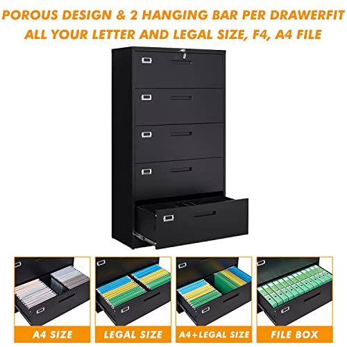Stani 5 Drawer File Cabinet With Lock, 5 Drawer Metal Filing Cabinet, Lateral Filing Cabinet With Lock For Home Office, Lockable Storage Cabinet For Hanging Files Letter/Legal/F4/A4 Size (Black) #TOP4