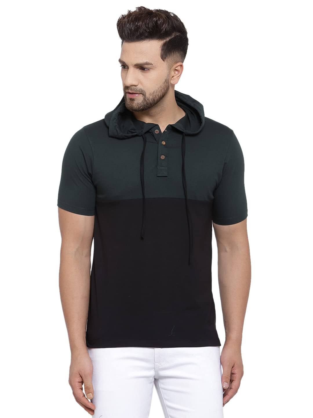 kalt Men Half Sleeves Dual Colour Cotton Blend Hoodie(Black::Bottle Green)-picture-10