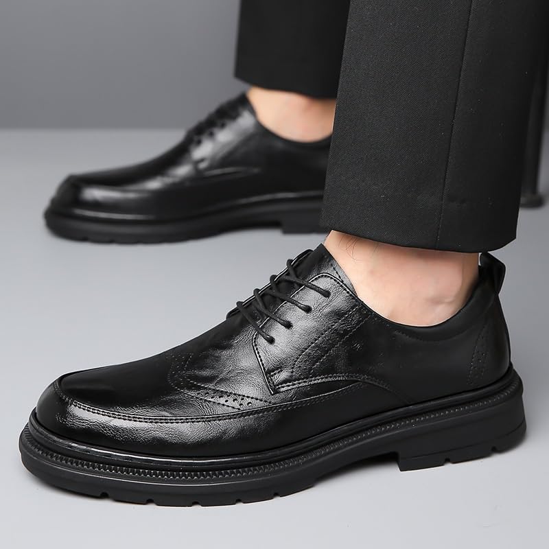 Men's Trends Leather Platform Lace Up Lug Sole Oxford Mens Classic Round Toe Chunky Heel Comfort Business Dress Shoes Men Slip On Casual Formal Work Derby Shoes(Black,6.5)2