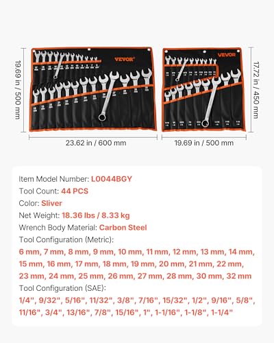 Image of VEVOR Combination Wrench Set, 44-Piece SAE and Metric | 12-Point Box End and 15 Angled Open End, with Roll Up Pouch, General Household and Automotive Repairs
