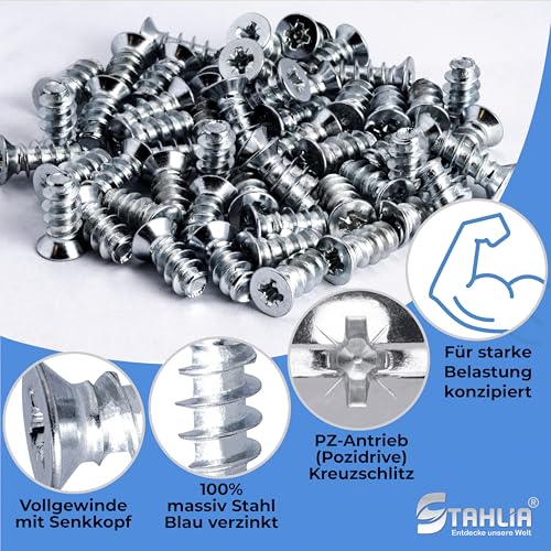 Stahlia 100 Euroschrauben 6,3 x 20 mm Möbelschrauben Senkkopf für Ø5mm Schrauben für Schubladenschienen Spezialschraube Schrankschraube Möbel Scharniere