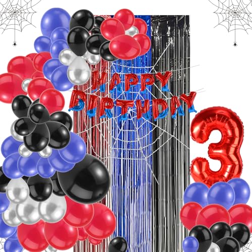 Spider Theme Party Decorations Kit, Includes Letter Banner Number Balloon Web Backdrop Hanging Curtains Multi-Size Balloons for Boys Girls Baby Shower Decor (Number 3)