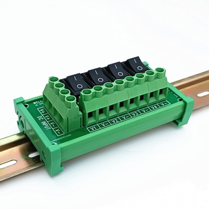 DIN Rail Mount 4 Channel Black Rocker Switch DC Power Distribution Strip Module.