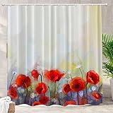 Batmerry Red Flowers Floral Nature Decorative Shower Curtain, Red Poppy Watercolor Botanical Art Shower Curtain Long Wide Rust Proof Grommets for Bathroom Bathtub Waterproof Washable, 72x72 inches