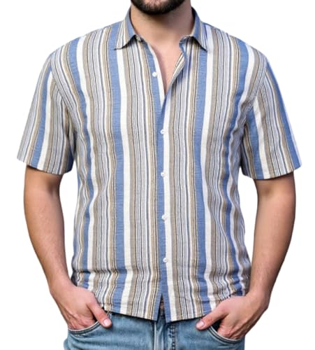 Mens Hawaiian Shirts Tops Short Sleeve Floral Button Down Beach Shirt Vintage Tropical Palm Summer Lightweight Blouses Male Blue White Stripes