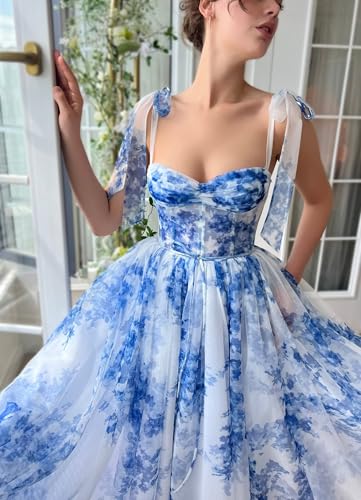 Floral Print Prom Dresses Tea Length Sweetheart Tie Straps Tulle Fairy Dress Cocktail Formal Party Gowns4