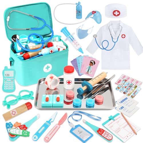ZUSUZU Maletin Brinquedo médico, kit médico infantil com estetoscópio real, caixa de armazenamento médico, termómetro, disfarce médico e seringa, kit dentista e médico brinquedo para crianças 3-8 anos