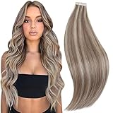 RUNATURE Tape Echthaar Extensions 50cm Aschbraun mit Platinblond Tape in Haarverlängerung Echte Haare Skin Weft Tape in Echthaar Extensions Blond 20 Zoll 50g 20 Stück #8P60
